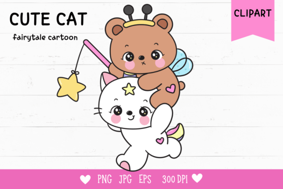 Cute Cat Unicorn and Teddy Bear Catch Star Kawaii Clipart